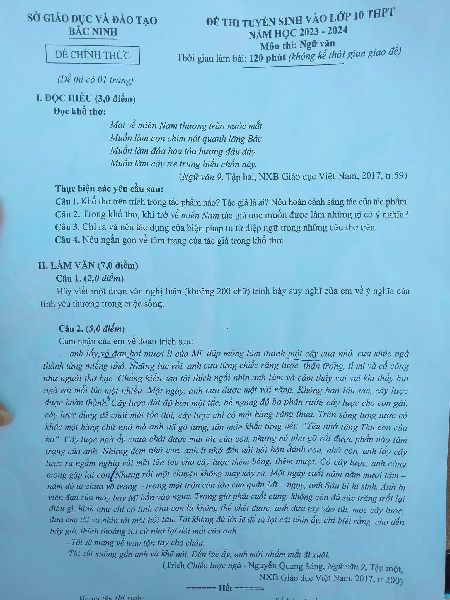 Đọc hiểu Mai về miền Nam thương trào nước mắt | Đề thi tuyển sinh vào 10 môn Văn tỉnh Bắc Ninh